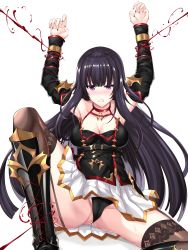 Rule 34 | 1girl, absurdres, armor, artist request, bare shoulders, bdsm, black hair, blood, blush, bondage, boots, bound, bound wrists, breasts, cjpler, cleavage, clenched teeth, fingernails, garter straps, highres, king&#039;s raid, long hair, looking at viewer, medium breasts, nail polish, panties, pantyshot, purple eyes, seria (king&#039;s raid), shiny clothes, shiny skin, sitting, skirt, solo, sweat, teeth, thigh boots, thighhighs, underwear, very long hair
