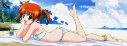 Rule 34 | 10s, 1girl, absurdres, anklet, arm support, barefoot, beach, bikini, blue eyes, brown hair, copyright name, dakimakura (medium), day, eyebrows, feet, frilled bikini, frills, from side, hair bobbles, hair ornament, highres, huge filesize, jewelry, long image, looking at viewer, lying, lyrical nanoha, mahou shoujo lyrical nanoha, mahou shoujo lyrical nanoha the movie 1st, okuda yasuhiro, on stomach, open mouth, outdoors, palm tree, shadow, short hair, short twintails, solo, striped bikini, striped clothes, swimsuit, takamachi nanoha, the pose, toes, tree, twintails, wide image