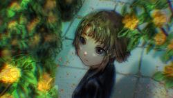 Rule 34 | 1girl, brown eyes, brown hair, closed mouth, expressionless, female focus, from above, from side, hair ornament, highres, iwakura lain, looking up, moire, nanami yuki (yuki77mi), plant, serial experiments lain, short hair, single sidelock, solo, upper body, x hair ornament