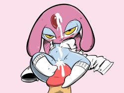 Rule 34 | 1girl, blush, bottomless, creatures (company), cum, cum on body, disembodied penis, erection, facial, footjob, full body, game freak, gen 4 pokemon, half-closed eyes, highres, kneehighs, legendary pokemon, licking lips, long sleeves, looking at viewer, mesprit, navel, nintendo, no humans, open clothes, open shirt, partially visible vulva, penis, pink background, pokemon, pokemon (creature), pov, shirt, simple background, sitting, sleeves past wrists, smile, socks, solo, spread legs, tongue, tongue out, uncensored, vono (voon), white socks, white shirt, yellow eyes