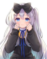 Rule 34 | 1girl, black bow, black shirt, blue eyes, blue ribbon, blush, bow, closed mouth, commentary request, hair bow, hands up, highres, long hair, long sleeves, looking at viewer, neck ribbon, one side up, original, ribbon, sailor collar, school uniform, shirt, silver hair, simple background, sleeves past wrists, smile, solo, undershirt, upper body, white background, white shirt, yatsuki yura, yellow sailor collar