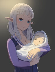 Rule 34 | 1boy, 1girl, alfred (isekai nonbiri nouka), baby, bloom, blue eyes, bow, breasts, cleavage, closed mouth, grey background, grey hair, hair bow, highres, holding baby, isekai nonbiri nouka, large breasts, light blush, lips, long hair, looking at another, mother and son, nightgown, open mouth, pimm (chiramegd), pointy ears, purple nightgown, rurushi ru, short hair, simple background, sleeping, smile, upper body, vampire