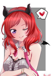 Rule 34 | 10s, 1girl, ;p, animal ears, bad id, bad pixiv id, bare shoulders, bat ears, blush, bracelet, breasts, cleavage, fake animal ears, fake horns, hairband, heart, highres, horns, jewelry, looking at viewer, love live!, love live! school idol festival, love live! school idol project, nishikino maki, one eye closed, purple eyes, red hair, rinnnnnnnnnko30, short hair, smile, solo, tongue, tongue out