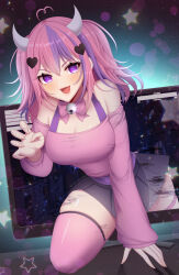 Rule 34 | 1girl, ahoge, artist name, bow, bowtie, breasts, claw pose, detached sleeves, dot nose, ears, fang, hair ornament, heart, heart hair ornament, highres, horns, ironmouse, kamaniki, large breasts, monitor, open mouth, pink hair, purple eyes, skirt, star (symbol), tagme, thighhighs, virtual youtuber, vshojo