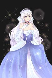 Rule 34 | 1girl, alternate costume, azur lane, belfast (azur lane), blue dress, blue eyes, braid, breasts, choker, cinderella, cinderella (grimm), cleavage, closed mouth, commentary, cover, dress, elbow gloves, english commentary, flower, french braid, gloves, hair flower, hair ornament, hairband, hand on own chest, highres, large breasts, long hair, looking at viewer, pumpkinpaii, purple eyes, smile, sparkle, white gloves, white hair