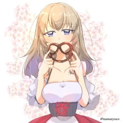 Rule 34 | 1girl, alternate costume, blue eyes, blush, breasts, cleavage, commentary, dirndl, floral background, flower, flower request, food, german clothes, girls und panzer, half-closed eyes, highres, holding, holding food, itsumi erika, long hair, looking at viewer, medium breasts, namatyoco, off-shoulder shirt, off shoulder, pretzel, red skirt, shirt, short sleeves, silver hair, skirt, solo, standing, twitter username, underbust, upper body, white shirt