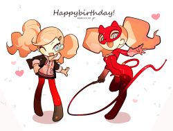 Rule 34 | 1girl, absurdres, black footwear, blonde hair, blue eyes, blush stickers, bodysuit, boots, breasts, btmr game, cat mask, catsuit, chibi, cleavage, dated, gloves, hair ornament, hairclip, happy birthday, heart, highres, holding, holding whip, hood, hood down, jacket, long hair, mask, medium breasts, multiple views, one eye closed, open clothes, open mouth, pantyhose, persona, persona 5, pink gloves, red bodysuit, red thighhighs, school uniform, shuujin academy school uniform, signature, simple background, standing, standing on one leg, takamaki anne, thigh boots, thighhighs, twintails, whip