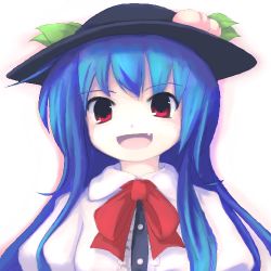 Rule 34 | 1girl, blue hair, fang, female focus, food, fruit, gradient background, hat, hinanawi tenshi, leaf, long hair, lowres, open mouth, peach, red eyes, smile, solo, touhou, tsubasa (abchipika)