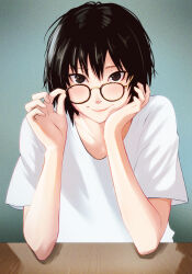 1girl absurdres adjusting_eyewear amagami aqua_background black_hair blush brown-framed_eyewear brown_eyes closed_mouth collarbone commentary elbow_on_table elbow_rest eyelashes film_grain glasses hair_between_eyes hand_on_own_cheek hand_on_own_face head_rest highres looking_at_viewer looking_over_eyewear loose_hair_strand messy_hair nanasaki_ai oshizu pink_lips round_eyewear shirt short_hair short_sleeves sitting smile solo straight-on t-shirt table white_shirt