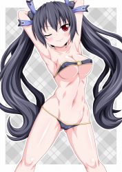 Rule 34 | 1girl, armpits, arms behind head, arms up, bandeau, bare shoulders, bikini, black bikini, black hair, breasts, cameltoe, cleavage, closed mouth, hair ornament, hair ribbon, highres, kagerou (kers), legs apart, long hair, looking at viewer, medium breasts, micro bikini, navel, neptune (series), noire (neptunia), one eye closed, red eyes, ribbon, smile, smug, solo, swimsuit, thighs, twintails, wide hips