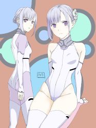 Rule 34 | 1girl, ass, blue hair, breasts, closed mouth, fin e ld si laffinty, flower, groin, hair flower, hair ornament, highres, leotard, looking at viewer, nori (norimakigumo), purple eyes, rinne no lagrange, short hair, solo, thighhighs, white thighhighs
