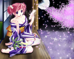 Rule 34 | 1girl, :p, barefoot, breasts, calligraphy brush, carnelian, cherry blossoms, cleavage, feet, flower, hair flower, hair ornament, ink, japanese clothes, kimono, kneeling, leaf, medium breasts, moon, night, night sky, no bra, off shoulder, outdoors, paintbrush, paper, paper chain, petals, pink hair, purple eyes, short hair, short twintails, sitting, sky, soles, solo, tag, tanabata, tanzaku, tongue, tongue out, twintails, wallpaper