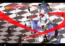 Rule 34 | 1girl, blue hair, gmot, hat, hinanawi tenshi, letterboxed, long hair, red eyes, sheath, solo, sword of hisou, thighhighs, touhou, very long hair, white thighhighs
