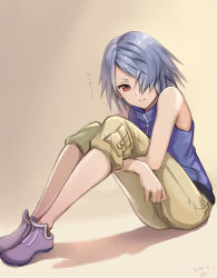 Rule 34 | 1girl, 2018, bare shoulders, blue shirt, capri pants, closed mouth, dated, full body, fuujin (ff8), gogo (detteiu de), grey hair, hair over one eye, highres, kingdom hearts, kingdom hearts ii, hugging own legs, legs together, looking at viewer, pants, purple footwear, red eyes, shadow, shirt, shoes, short hair, signature, sitting, sleeveless, sleeveless shirt, solo, translation request