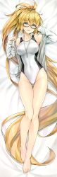 Rule 34 | 1girl, absurdly long hair, absurdres, adjusting eyewear, bare shoulders, bed sheet, black-framed eyewear, blonde hair, blue eyes, blush, breasts, collarbone, competition swimsuit, covered navel, dakimakura (medium), fate/grand order, fate (series), fingernails, full body, glasses, gluteal fold, highres, jacket, jeanne d&#039;arc (fate), jeanne d&#039;arc (ruler) (fate), jeanne d&#039;arc (swimsuit archer) (fate), jeanne d&#039;arc (swimsuit archer) (second ascension) (fate), koyuki (kotatsu358), long hair, long sleeves, looking at viewer, lying, medium breasts, on back, one-piece swimsuit, open clothes, open jacket, open mouth, ponytail, scan, sleeves past wrists, smile, solo, sweat, sweatdrop, swimsuit, very long hair, whistle, whistle around neck