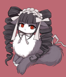 Rule 34 | 1girl, :&lt;, animal, animal focus, animalization, black hair, blunt bangs, bonnet, cat, celestia ludenberg, commentary request, danganronpa: trigger happy havoc, danganronpa (series), drill hair, highres, long hair, no humans, pink background, red background, red eyes, ribbon, simple background, solo, wataboshi