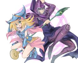 Rule 34 | 1boy, 1girl, :d, absurdres, adjusting clothes, adjusting headwear, arm up, bare shoulders, between legs, blonde hair, blue dress, blue eyes, blue footwear, blush, blush stickers, boots, breasts, choker, cleavage, collarbone, commentary request, dark magician, dark magician girl, dress, duel monster, full body, green eyes, hand between legs, hand on headwear, hand up, hat, highres, holding, knees up, long hair, long sleeves, looking at viewer, medium breasts, nataro 1116, open mouth, pentacle, smile, spread legs, staff, wand, wizard hat, yu-gi-oh!