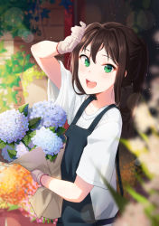 Rule 34 | 10s, 1girl, apron, arm up, bad id, bad pixiv id, blurry, blush, brown hair, day, depth of field, flower, from side, furururu, gloves, green panties, hand on own head, holding, holding flower, idolmaster, idolmaster cinderella girls, light particles, long hair, looking at viewer, open mouth, outdoors, panties, ponytail, shibuya rin, shirt, sidelocks, solo, teeth, underwear, upper teeth only, white gloves, white shirt