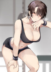 Rule 34 | 1girl, absurdres, breasts, breath, brown hair, cleavage, collarbone, hand on own knee, highres, kyoyakyo, leaning forward, looking at viewer, md5 mismatch, medium breasts, navel, original, red eyes, short hair, shorts, solo, sports bra, sweat, sweatband