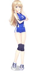 Rule 34 | 1girl, :d, badminton girls, blonde hair, blue eyes, blush, breast hold, breasts, full body, gluteal fold, hair between eyes, highres, knee pads, large breasts, long hair, looking at viewer, low ponytail, masuishi kinoto, natori maria, official art, open mouth, ponytail, shorts, sidelocks, sleeveless, smile, socks, solo, sportswear, thigh gap, transparent background, uniform, white socks