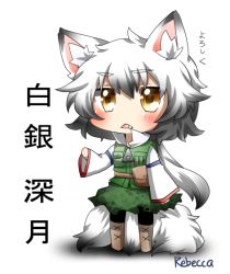 Rule 34 | 1girl, animal ears, artist name, character name, chibi, fang, fox ears, fox tail, long hair, no nose, open mouth, original, pantyhose, rebecca (keinelove), shirogane mitsuki, signature, silver hair, solo, tail, wide sleeves, yellow eyes