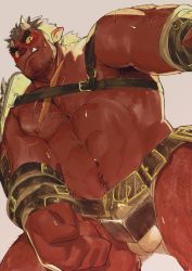 Rule 34 | 1boy, abs, arm hair, armpit hair, bara, bare pectorals, belt, blush, broken horn, brown belt, bulge, chest hair, chest harness, colored sclera, colored skin, cum, cum in clothes, cum through clothes, dyzd1, erection, erection under clothes, facial hair, fang, from below, hairy, harness, highres, horns, large pectorals, leg hair, long sideburns, looking at viewer, male focus, male underwear, mature male, monster boy, muscular, muscular male, navel, navel hair, nipples, oni, orgus (f-kare), orgus (f-kare), pectoral press, pectorals, precum, precum through clothes, red oni, red oni (housamo), red skin, revealing clothes, short hair, shoukan yuusha to f-kei kareshi, sideburns, single horn, solo, stomach, stubble, sweatdrop, thick eyebrows, thick thighs, thighs, tokyo houkago summoners, underwear, white male underwear, yellow sclera