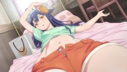 Rule 34 | 10s, 1girl, :o, ahoge, anime screenshot, arm up, artist request, bag, bed, bed frame, blue hair, blue shirt, chair, desk, end card, food, hair flaps, hair ornament, hairclip, half-closed eyes, hinako note, holding, holding food, indoors, long hair, looking at viewer, lying, midriff, natsukawa kuina, navel, on back, on bed, open fly, open mouth, orange shorts, parted bangs, paw print, pillow, screencap, shirt, shopping bag, short sleeves, shorts, solo, stomach, sunlight, taiyaki, unbuttoned, unzipped, wagashi, yellow eyes