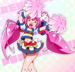 Rule 34 | 1girl, arms up, blue skirt, blush, bow, brooch, cheerleader, closed eyes, cosplay, crop top, cure happy, cure honey, cure honey (cosplay), cure honey (popcorn cheer), happinesscharge precure!, happy, heart, heart brooch, hoshizora miyuki, iruka-margarine, jewelry, long hair, magical girl, midriff, miniskirt, multicolored clothes, multicolored skirt, navel, pink hair, pom pom (cheerleading), precure, ryuuta (cure ryuuta), skirt, smile, smile precure!, solo, twintails, waist bow