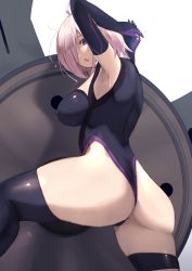 Rule 34 | 1girl, agovitch, ahoge, arms up, ass, bad id, bad pixiv id, black thighhighs, blush, breasts, elbow gloves, fate/grand order, fate (series), from behind, gloves, hair over one eye, head tilt, highres, large breasts, leotard, looking at viewer, looking back, mash kyrielight, messy hair, open mouth, own hands together, partially visible vulva, pink hair, purple eyes, shield, short hair, simple background, single thighhigh, solo, standing, thighhighs, white background