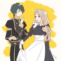 Rule 34 | 1boy, 1girl, alternate costume, blue eyes, butler, byleth (fire emblem), byleth (male) (fire emblem), clothes lift, couple, dress, dress lift, enmaided, fire emblem, fire emblem: three houses, green hair, holding, long hair, long sleeves, maid, maid headdress, mercedes von martritz, nakaya (drwh7757), nintendo, open mouth, side ponytail, simple background, standing, white background