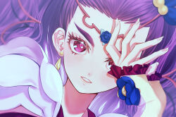 Rule 34 | 1girl, amehana ichika, blue flower, blue rose, commentary request, earrings, flower, gloves, half gloves, jewelry, long hair, magical girl, milky rose, parted lips, partial commentary, pink eyes, precure, purple hair, rose, shirt, smile, solo, tiara, twintails, white gloves, white shirt, yes! precure 5, yes! precure 5 gogo!