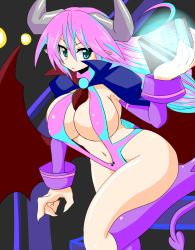 Rule 34 | 1girl, blue eyes, book, boots, breasts, cloak, demon girl, demon tail, demon wings, detached sleeves, disgaea, female focus, hip focus, horns, huge breasts, legs, long hair, multicolored hair, navel, numadaira, one-piece swimsuit, pink hair, pointy ears, running, solo, stairs, demon girl, succubus (disgaea), swimsuit, tail, thighhighs, wide hips, wings