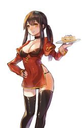 Rule 34 | 1girl, absurdres, bad id, bad pixiv id, bamboo steamer, baozi, black hair, black thighhighs, breasts, china dress, chinese clothes, choker, cleavage, dress, food, grin, hand on own hip, highres, kim eb, long hair, original, panties, plate, ponytail, sidelocks, simple background, smile, solo, teeth, thighhighs, underwear, white background, yellow eyes