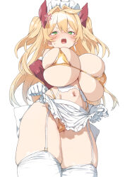 Rule 34 | 1girl, anger vein, apron, bikini, blonde hair, breasts, bursting breasts, commentary request, garter belt, garter straps, gloves, gold bikini, green eyes, hair between eyes, highres, huge breasts, kz oji, long hair, looking at viewer, micro bikini, navel, open mouth, original, simple background, solo, swimsuit, thighhighs, thighs, white background, white gloves, white thighhighs