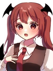 Rule 34 | 1girl, alternate hairstyle, bat wings, black vest, blush, fang, head wings, koakuma, long hair, looking at viewer, necktie, one-hour drawing challenge, open mouth, red eyes, red hair, red necktie, shirt, simple background, siomi 403, solo, touhou, twintails, upper body, vest, white background, white shirt, wing collar, wings, ||/