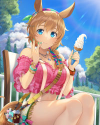 Rule 34 | !, 1girl, animal ears, bare shoulders, blue eyes, blue sky, braid, braided ponytail, breasts, brown hair, camera, chair, chikabo m, cleavage, closed mouth, cloud, collarbone, commentary request, day, ear piercing, food, food on face, frilled shirt, frills, green nails, hair between eyes, hair ornament, hair over shoulder, hairband, hands up, holding, holding food, holding ice cream, horse ears, horse girl, horse tail, ice cream, jewelry, large breasts, light rays, long hair, looking at viewer, midriff, nail polish, necklace, off-shoulder shirt, off shoulder, official alternate costume, outdoors, piercing, pink shirt, railing, shirt, short sleeves, shorts, sidelocks, sitting, sky, solo, spoken exclamation mark, star (symbol), star necklace, sunbeam, sunlight, suspender shorts, suspenders, sweat, taiki shuttle (bubblegum memories) (umamusume), taiki shuttle (umamusume), tail, tree, twitter username, umamusume, watermark, wristband