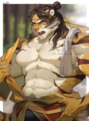 Rule 34 | 1boy, abs, animal ears, arknights, artist name, bara, chinese commentary, da luode, fangs, furry, furry male, hand on own hip, headband, highres, huai tianpei (arknights), looking at viewer, male focus, muscular, muscular male, one eye closed, open mouth, partially undressed, pectorals, sweat, tail, tiger boy, tiger ears, tiger stripes, tiger tail, towel on one shoulder, undressing, very sweaty, watermark, yellow headband