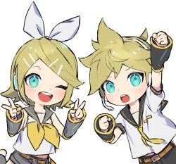 Rule 34 | 1boy, 1girl, aqua eyes, arm warmers, bare shoulders, bass clef, black collar, black shorts, blonde hair, bow, chibi, collar, commentary, double v, grey collar, grey shorts, grey sleeves, hair bow, hair ornament, hairclip, headphones, headset, kagamine len, kagamine rin, looking at viewer, midriff peek, nail polish, naoko (naonocoto), neckerchief, necktie, one eye closed, open mouth, outstretched arms, sailor collar, school uniform, shirt, short hair, short ponytail, short shorts, short sleeves, shorts, sleeveless, sleeveless shirt, smile, spiked hair, swept bangs, treble clef, upper body, v, vocaloid, white background, white bow, white shirt, yellow nails, yellow neckerchief