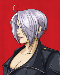 Rule 34 | 1girl, angel (kof), blue eyes, bra, breasts, character profile, cropped jacket, eye contact, from side, hair over one eye, highres, jacket, jhony caballero, large breasts, leather, leather jacket, looking at another, parted lips, portrait, profile, red background, short hair, simple background, snk, strapless, strapless bra, the king of fighters, the king of fighters xiv, tongue, tongue out, underwear, upper body