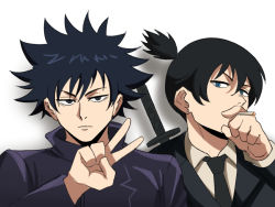 Rule 34 | 2boys, black eyes, black hair, blue eyes, chainsaw man, cigarette, crossover, expressionless, fushiguro megumi, hayakawa aki, highres, jujutsu kaisen, katana, looking at viewer, male focus, multiple boys, simple background, spiked hair, sword, sword behind back, tina fate, trait connection, weapon, white background