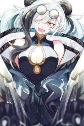 Rule 34 | 1girl, animal ears, arknights, black hair, breasts, china dress, chinese clothes, cleavage, cleavage cutout, clothing cutout, coat, dress, fangs, feater (arknights), grey hair, highres, iwashi 80, large breasts, long hair, multicolored hair, own hands together, panda ears, red eyes, streaked hair