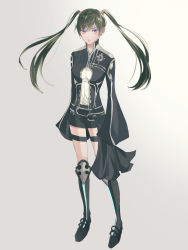 Rule 34 | 13isaco, 1girl, bad id, bad pixiv id, black footwear, black jacket, black shorts, boots, closed mouth, d.gray-man, floating hair, green hair, grey background, hair between eyes, hair ornament, highres, jacket, knee boots, lenalee lee, long hair, looking at viewer, purple eyes, short shorts, shorts, sleeves past fingers, sleeves past wrists, solo, thigh strap, twintails, uniform, very long hair