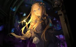 Rule 34 | 1girl, abigail williams (fate), absurdres, black bow, black dress, black headwear, blonde hair, blue eyes, bow, bug, butterfly, candle, candlelight, dress, fate/grand order, fate (series), floating hair, forehead, hair bow, highres, holding, holding candle, indoors, insect, lantern, long hair, looking at viewer, may (2747513627), multiple hair bows, orange bow, parted bangs, parted lips, polka dot, polka dot bow, sleeves past fingers, sleeves past wrists, solo, stained glass, stuffed animal, stuffed toy, teddy bear