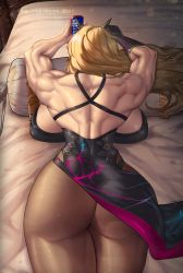 Rule 34 | 1girl, absurdres, ass, ass focus, back, backboob, bare shoulders, bed, biceps, blonde hair, breast press, breasts, breasts apart, cellphone, cleavage, barghest (fate), fate/grand order, fate (series), female focus, gloves, highres, huge ass, huge breasts, huge filesize, long hair, lying, muscular, muscular female, on stomach, phone, pillow, smartphone, solo, thick thighs, thighs