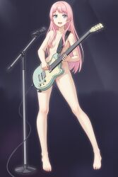 Rule 34 | 1girl, :d, bang dream!, bang dream! it&#039;s mygo!!!!!, barefoot, blue eyes, chihaya anon, collarbone, commentary request, completely nude, da akana xiv, full body, hair over eyes, highres, holding, holding instrument, instrument, long hair, looking at viewer, microphone, microphone stand, music, nude, open mouth, pink hair, playing instrument, smile, solo, standing, teeth, thighs, toenails, toes, upper teeth only