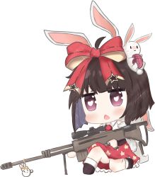 Rule 34 | 1girl, animal ears, anti-materiel rifle, bailingxiao jiu, black footwear, blush, bow, brown hair, chibi, collared shirt, explosive, fang, girls&#039; frontline, grenade, gun, hair bow, heart, heart-shaped pupils, highres, holding, holding gun, holding weapon, kemonomimi mode, looking at viewer, m99 (girls&#039; frontline), name connection, necktie, object namesake, on one knee, open mouth, print skirt, purple eyes, rabbit, rabbit ears, rabbit girl, rabbit tail, red bow, red necktie, red skirt, rifle, scope, shirt, short hair, simple background, skirt, sniper rifle, socks, solo, sparkle, star (symbol), star print, stuffed animal, stuffed rabbit, stuffed toy, symbol-shaped pupils, tail, weapon, white background, white shirt, white socks, zijiang m99