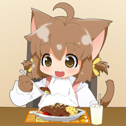 Rule 34 | 1girl, ahoge, animal ears, animal hands, bad id, bad pixiv id, bib, brown eyes, brown hair, cat ears, cat tail, child, curry, drink, drinking straw, fang, food, fur, hair ribbon, lillithlauda, no headwear, open mouth, ribbon, smile, solo, spoon, tail, tareme