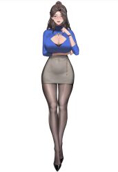 Rule 34 | alios arvin, arm under breasts, black footwear, black pantyhose, blue eyes, blue shirt, breast hold, breasts, brown hair, cleavage, cleavage cutout, clothing cutout, covered navel, full body, glasses, grey skirt, hand up, inoue iris (sdustz), jewelry, large breasts, long hair, looking at viewer, necklace, open mouth, original, pantyhose, ponytail, shirt, shirt tucked in, simple background, skirt, standing, watch, white background, wristwatch