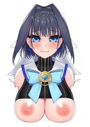 Rule 34 | 1girl, bad id, bad pixiv id, blue eyes, blue hair, bow, bow earrings, breasts, breasts out, chain, clothing cutout, earrings, hair intakes, headband, highres, hololive, hololive english, ishiusu, jewelry, large breasts, nipples, ouro kronii, ouro kronii (1st costume), ribbon earrings, shirt, short hair, sleeveless, sleeveless shirt, solo, sweater, turtleneck, turtleneck sweater, underboob, underboob cutout, upper body, virtual youtuber