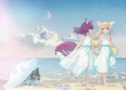 Rule 34 | 2girls, alternate costume, animal ear fluff, animal ears, ankle ribbon, arknights, artist name, bare arms, bare shoulders, barefoot, beach, blonde hair, chinese commentary, closed mouth, collarbone, commentary request, dress, fox ears, fox tail, full body, green eyes, hairband, holding hands, kitsune, kyuubi, leg ribbon, long hair, matching outfits, material growth, medium dress, medium hair, morte (arknights), multicolored hair, multiple girls, multiple tails, nail polish, ocean, oripathy lesion (arknights), purple hair, purple nails, red medicine, ribbon, sand, shamare (arknights), sky, smile, star (sky), starry sky, stroller, sundress, suzuran (arknights), tail, toenail polish, toenails, two-tone hair, umbrella, walking, white dress, white hair, white hairband, white ribbon, white wrist cuffs, wrist cuffs, wrist ribbon